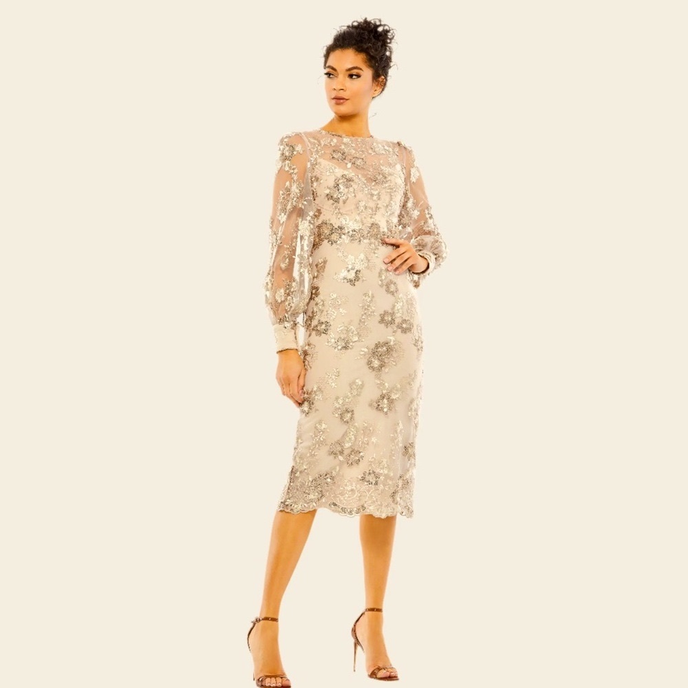 Mac Duggal Champagne Beaded Long Sleeve Cocktail Dress